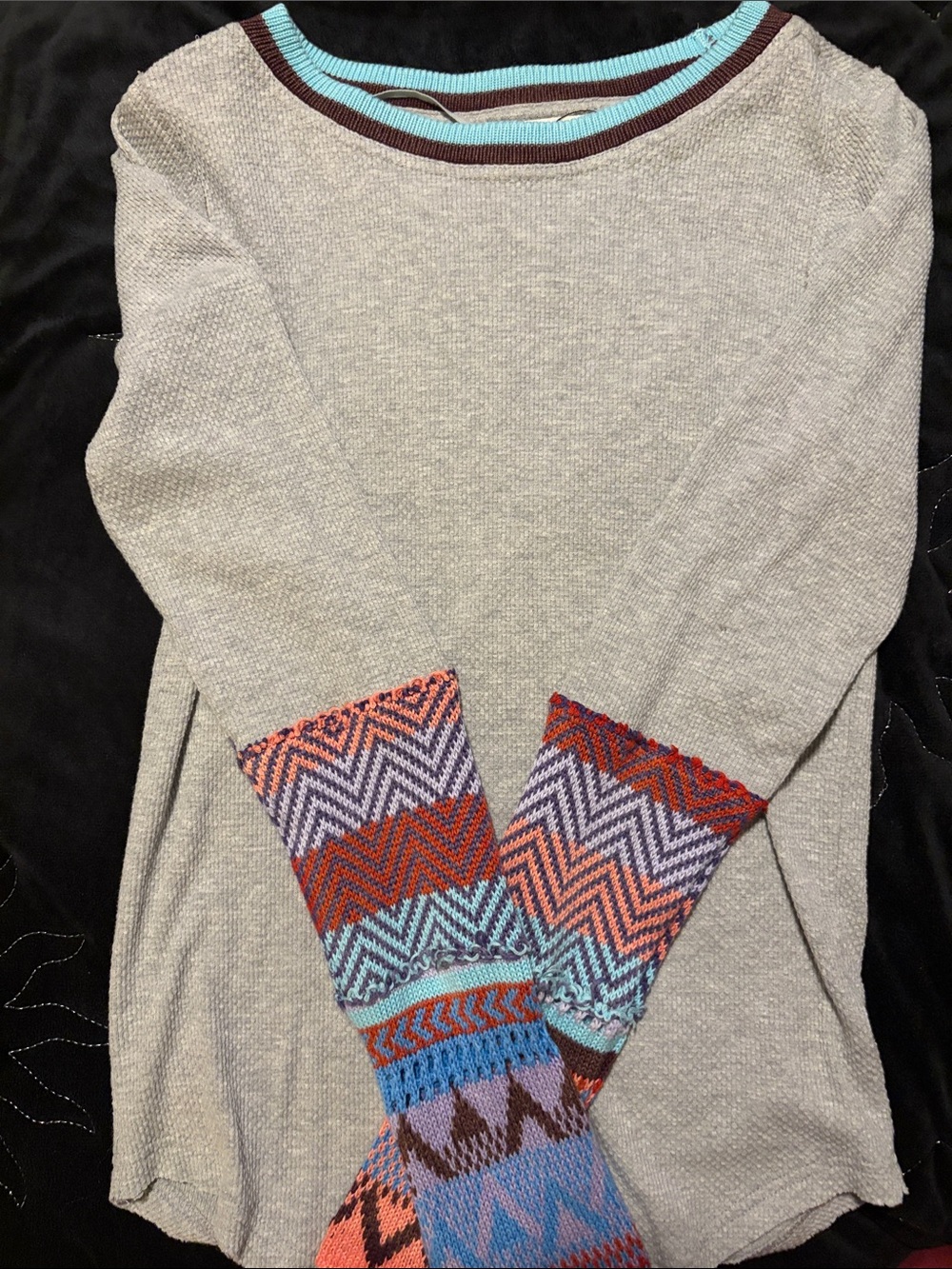 We The Free Gray Knit Pullover with Multicolor Patterned Cuffs - Picture 1 of 2